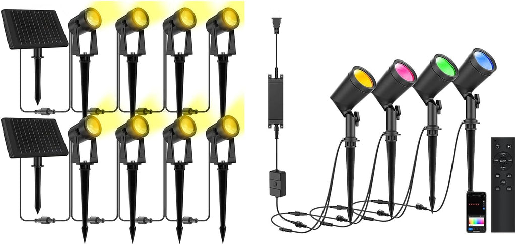 ZYAN Solar Spotlights, Black Cord (8 Pack, Warm White) Plug in Spotlights, 4 Pack, RGBW Color