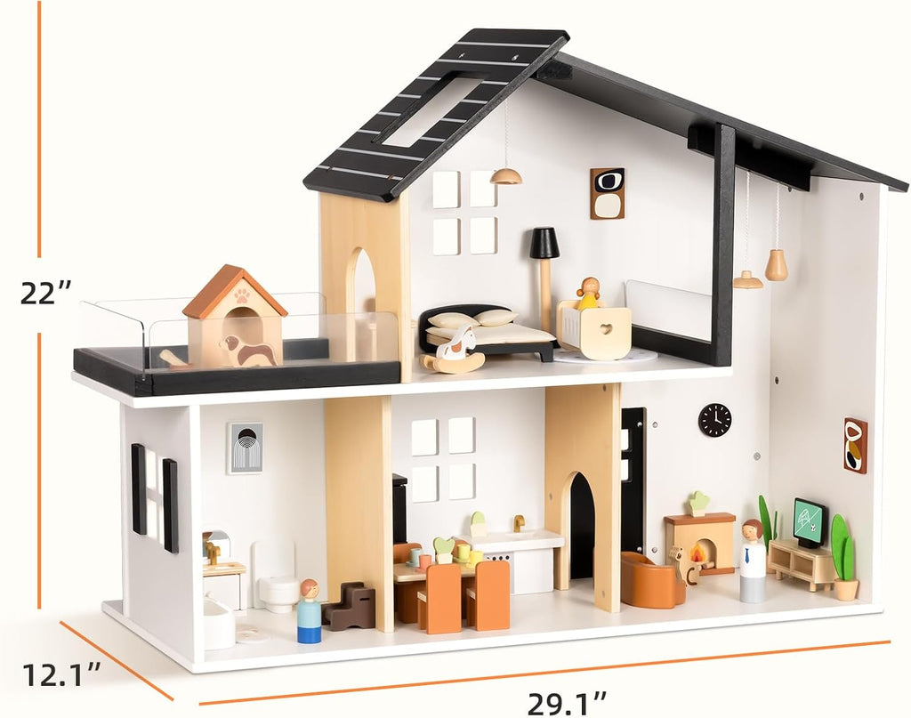 OOOK Wooden Dollhouse, Modern Doll House with 66Pcs Luxurious Furniture Accessories, Including Dolls and Pet Sets, Wood Dollhouse Toy for Boys and Girls 3+