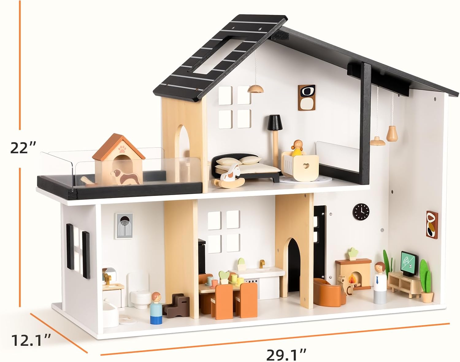 OOOK Wooden Dollhouse, Modern Doll House with 66Pcs Luxurious Furniture Accessories, Including Dolls and Pet Sets, Wood Dollhouse Toy for Boys and Girls 3+
