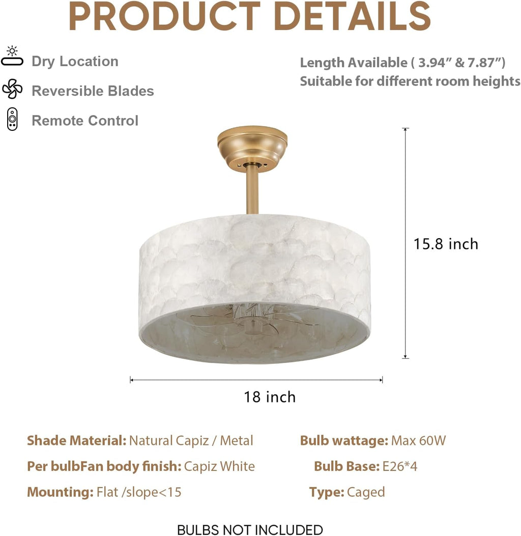 Boho Chandelier Ceiling Fan, Capiz Shell Fandelier Ceiling Fan with Light and Remote Control, Coastal Caged Ceiling Fan for Bedroom,Living Room,Nursery,Foyer(6 Speed, Timing,Adjustable Height)