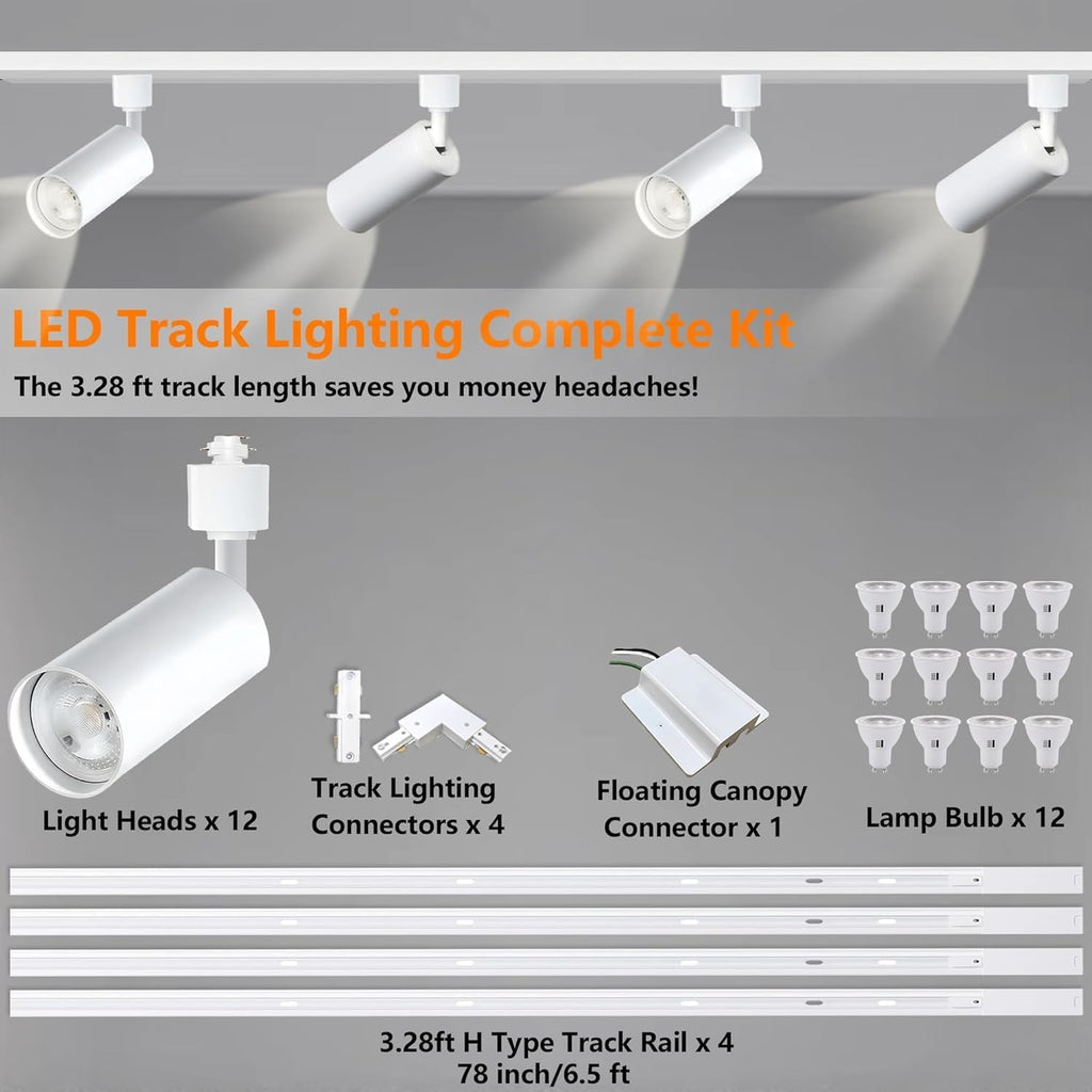 GU10 Track Lighting Fixtures, White Plug in 3CCT Complete Kit with 4 * 3.28FT H Track Rails and 12 Track Light Heads, 120V Brightness Dimmable Ceiling Spotlight Fixture for Accent Lighting