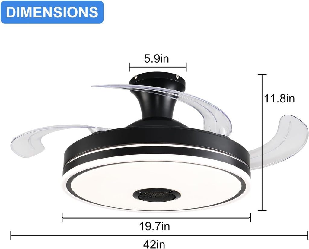 42'' Retractable Ceiling Fan with Lights, Smart Ceiling Fan Light with Bluetooth Speaker, App Control for Dimming & RGB Color Change Reversible Bedroom Living Room