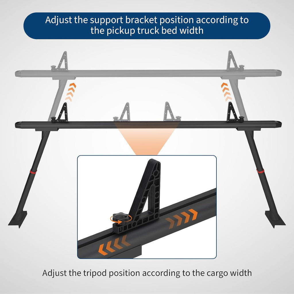Adjustable Aluminum Pickup Ladder Rack 35.4–71', 800 lb Heavy-Duty Two-Bar Truck Bed Rack with No-Drill C-Clamp Mount, Utility Hauler for Kayaks, Lumber, Surfboards & Ladders - Black
