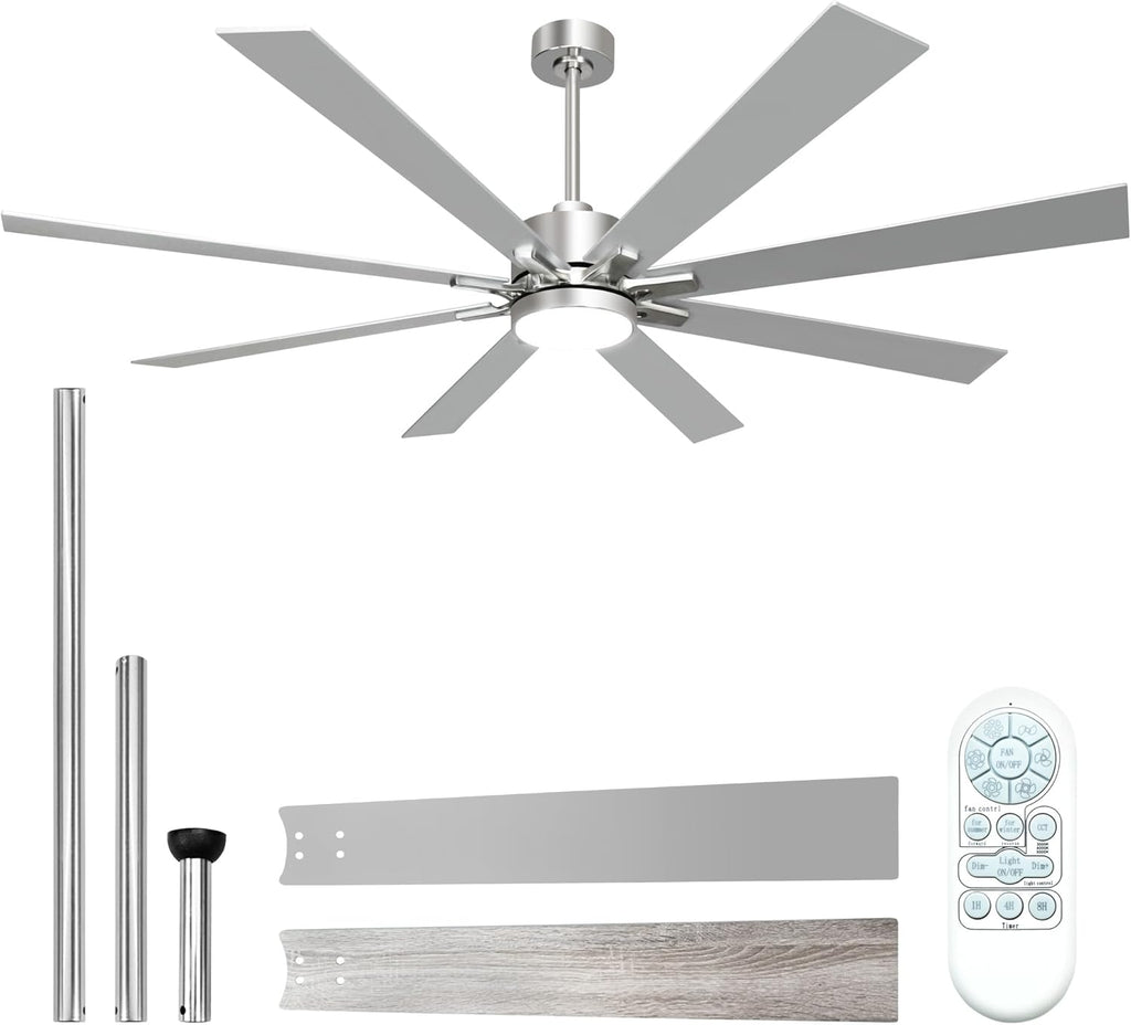72 Inch Ceiling Fans with Lights and Remote Control, Low Profile & Downrod Mount 8-Blade Modern Nickel Ceiling Fan, 3CCT Dimmable LED Light, Quiet DC Motor for Bedroom Living Room, ETL Listed