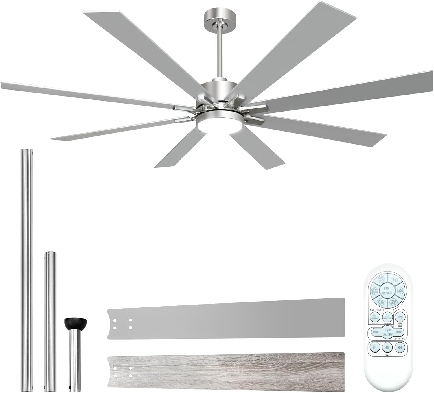72 Inch Ceiling Fans with Lights and Remote Control, Low Profile & Downrod Mount 8-Blade Modern Nickel Ceiling Fan, 3CCT Dimmable LED Light, Quiet DC Motor for Bedroom Living Room, ETL Listed