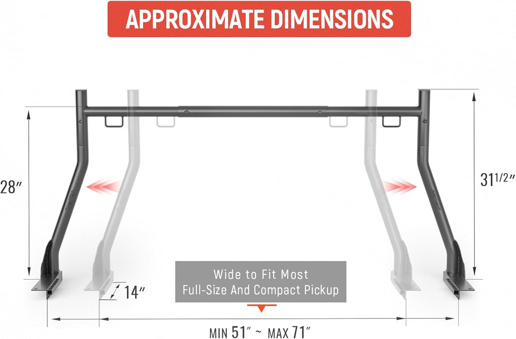 Model X31-J Truck Ladder Rack 800Ibs Capacity with (8) Non-Drilling Z-Clamps Extendable Steel Pick-Up Truck Bed Ladder Rack Two-bar Set - Black