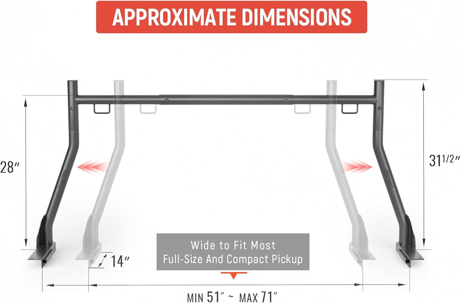 Model X31-J Truck Ladder Rack 800Ibs Capacity with (8) Non-Drilling Z-Clamps Extendable Steel Pick-Up Truck Bed Ladder Rack Two-bar Set - Black