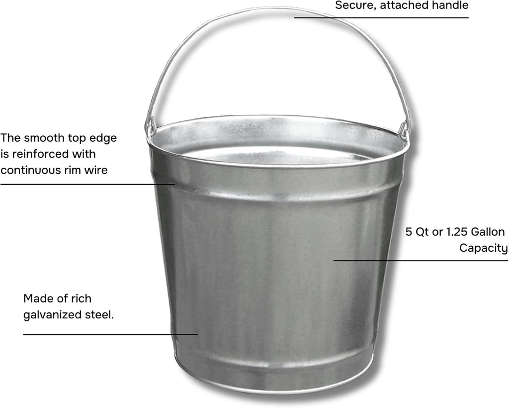 5 Quart (1.25 Gallons) Industrial Galvanized Metal Steel Pail Bucket with Handle, 7.25' Diameter | Great to use for Ice Buckets, Livestock, Gardening - 10 Pack