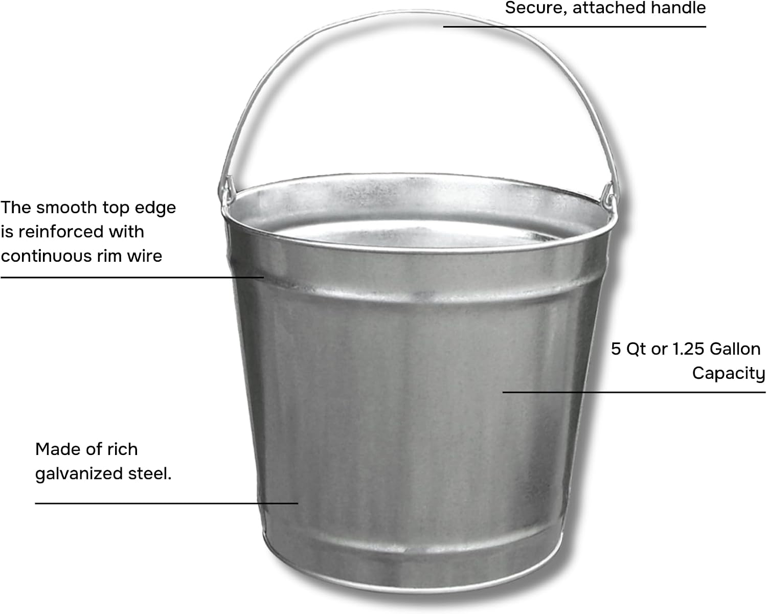 5 Quart (1.25 Gallons) Industrial Galvanized Metal Steel Pail Bucket with Handle, 7.25' Diameter | Great to use for Ice Buckets, Livestock, Gardening - 10 Pack