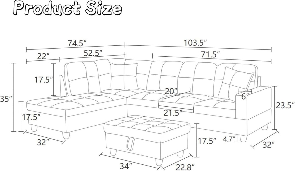 103.5' Sectional Couches for Living Room, Leather 4 Seat L Shaped Couch with Chaise, 3-Piece Modular Sofa with Storage Ottoman, Home Furniture Sets for Apartment Office, Black Grey