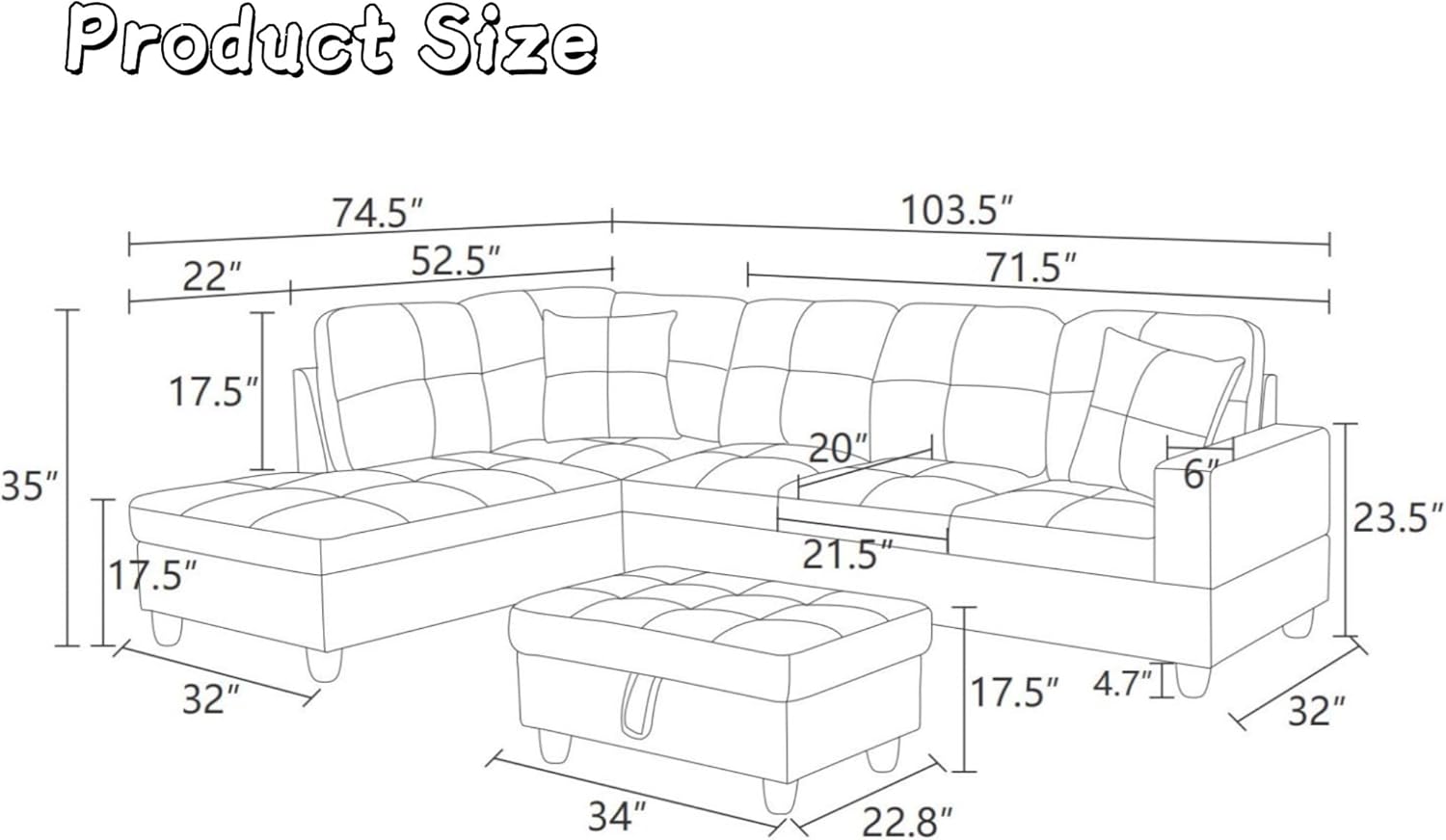 103.5' Sectional Couches for Living Room, Leather 4 Seat L Shaped Couch with Chaise, 3-Piece Modular Sofa with Storage Ottoman, Home Furniture Sets for Apartment Office, Black Grey