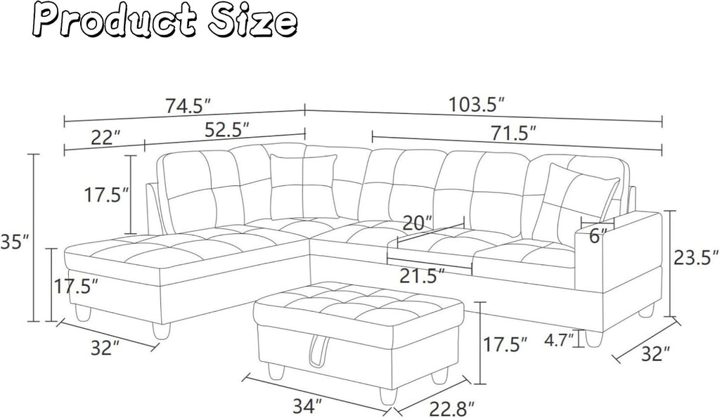 103.5' Sectional Couches for Living Room, Leather 4 Seat L Shaped Couch with Chaise, 3-Piece Modular Sofa with Storage Ottoman, Home Furniture Sets for Apartment Office, Silver