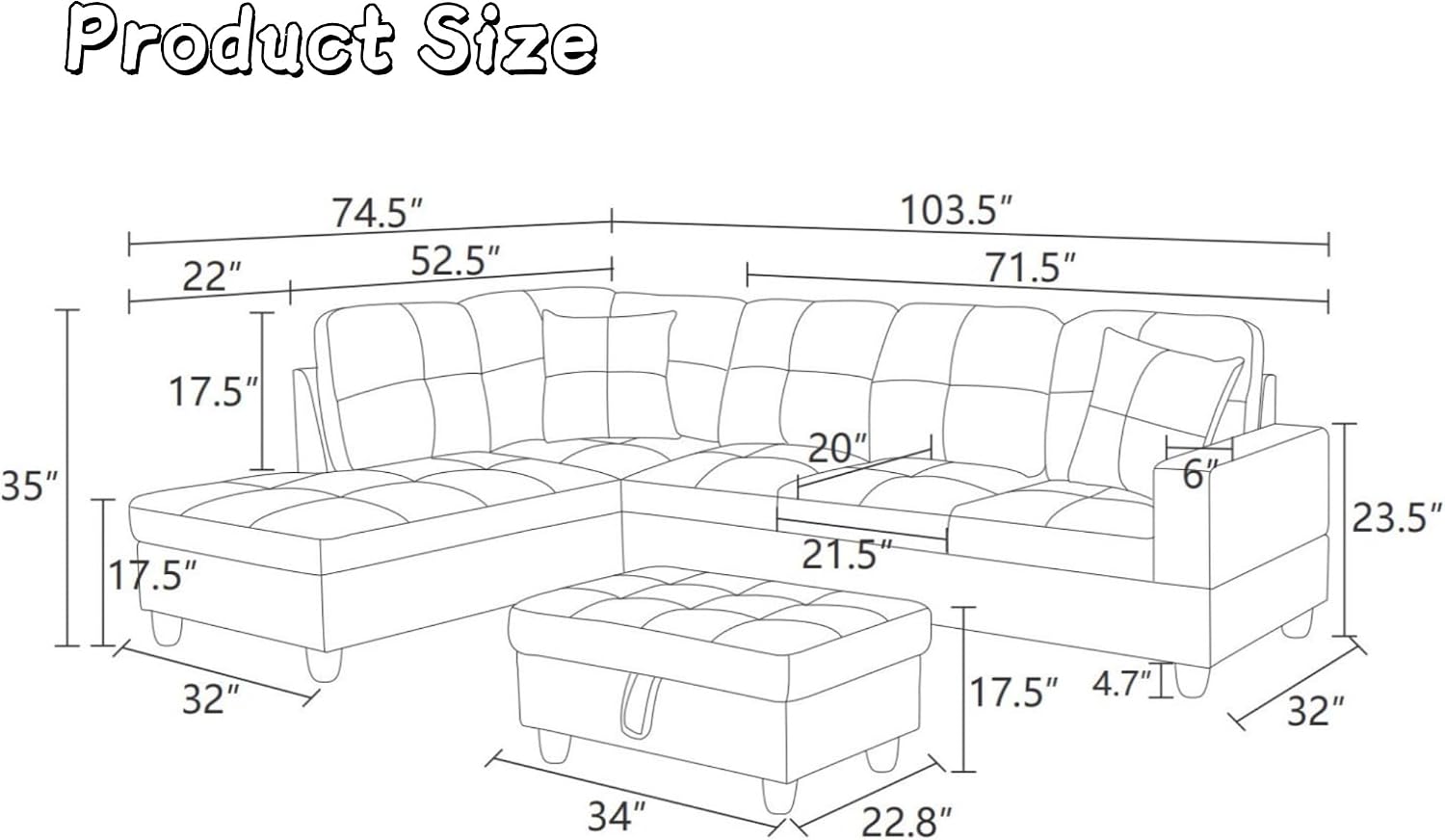 103.5' Sectional Couches for Living Room, Leather 4 Seat L Shaped Couch with Chaise, 3-Piece Modular Sofa with Storage Ottoman, Home Furniture Sets for Apartment Office, Silver