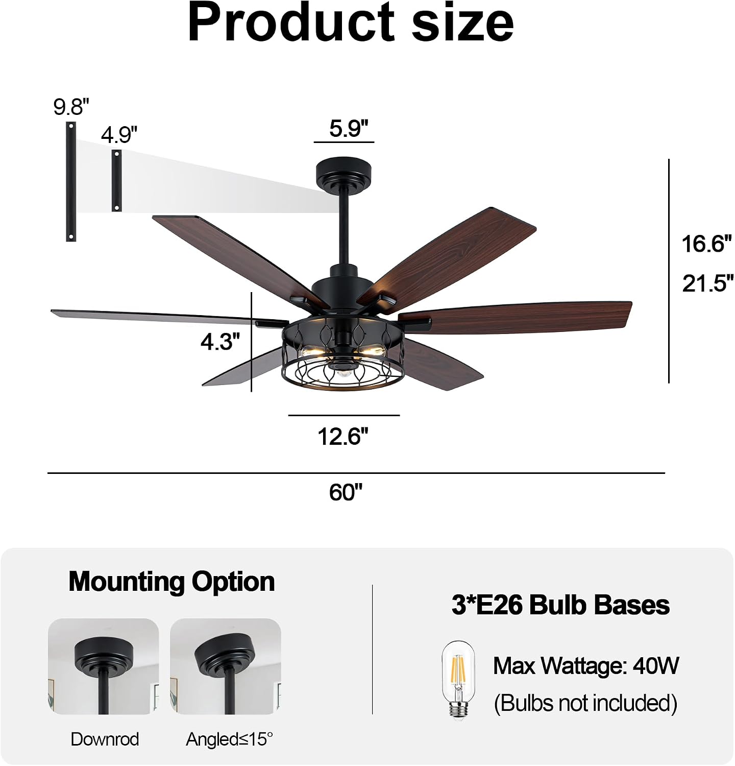 Farmhouse Ceiling Fan with Lights 60 Inch Rustic Ceiling Fan Black Caged Fandelier Large Chandelier Light for Living Room Indoor Outdoor, Reversible DC Motor 6 Speeds, 3 E26 Bulbs