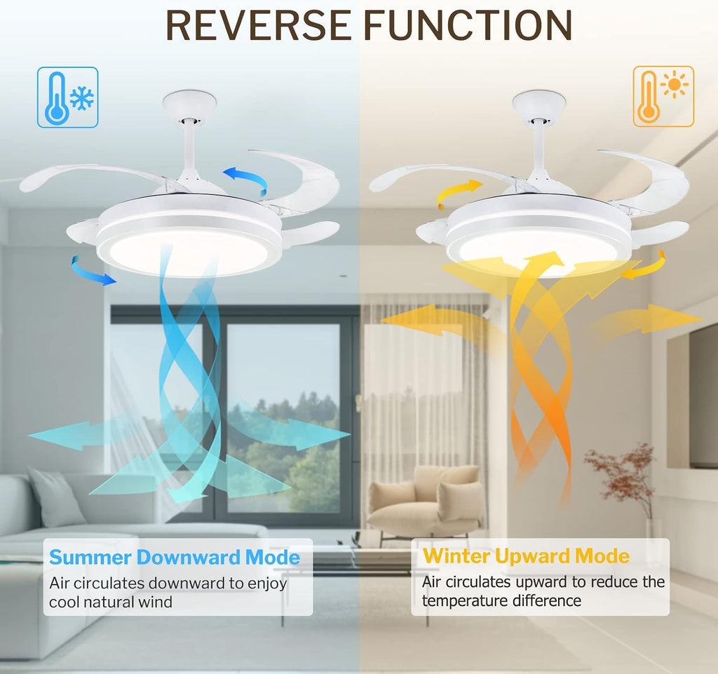 STERREN 42 Inch Retractable Ceiling Fans with Lights,Modern Bladeless LED Ceiling Fan Lights with Remote Control, Smart White Bedroom Ceiling Fan with Light
