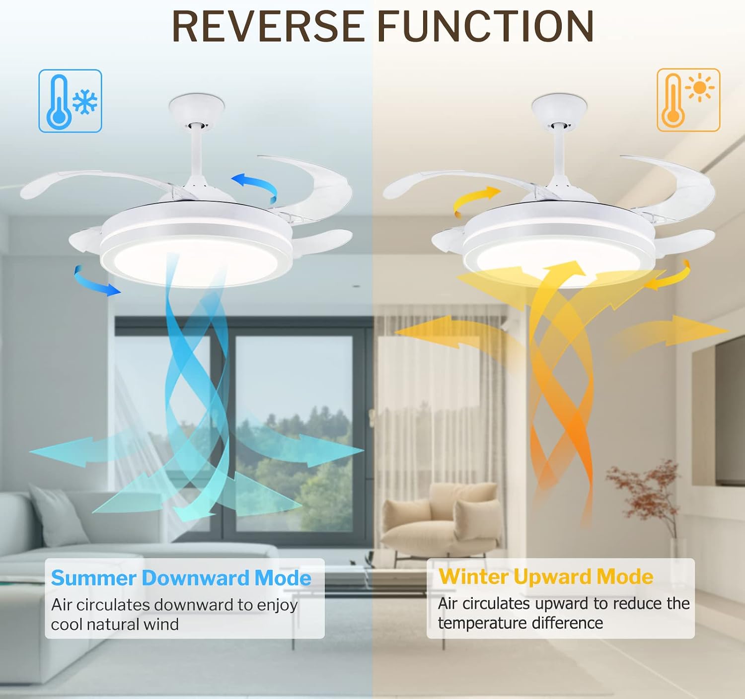 STERREN 42 Inch Retractable Ceiling Fans with Lights,Modern Bladeless LED Ceiling Fan Lights with Remote Control, Smart White Bedroom Ceiling Fan with Light