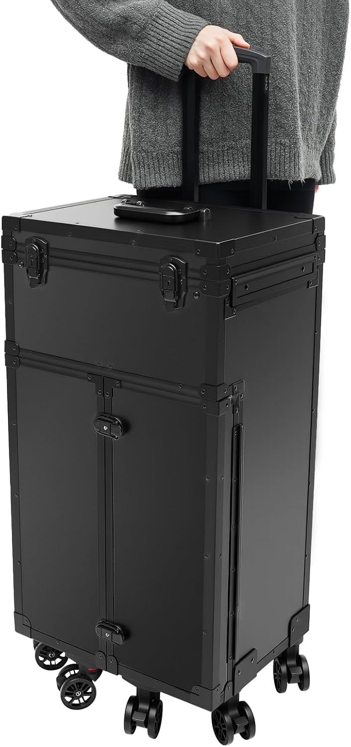 Professional Rolling Makeup Case, Beauty Classified Storage Trolley Travel Train Case with 6* Universal Wheels for Makeup Enthusiast Hair Barbers Stylist Nail Technician Black