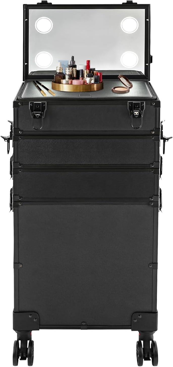 Makeup Train Case, Portable Rolling Trolley Case Makeup Organizer With Lock & Mirror, 5 Tier Large Capacity Makeup Case Organizer With Storage Compartment & 4 LED lights For Make-Up Artists