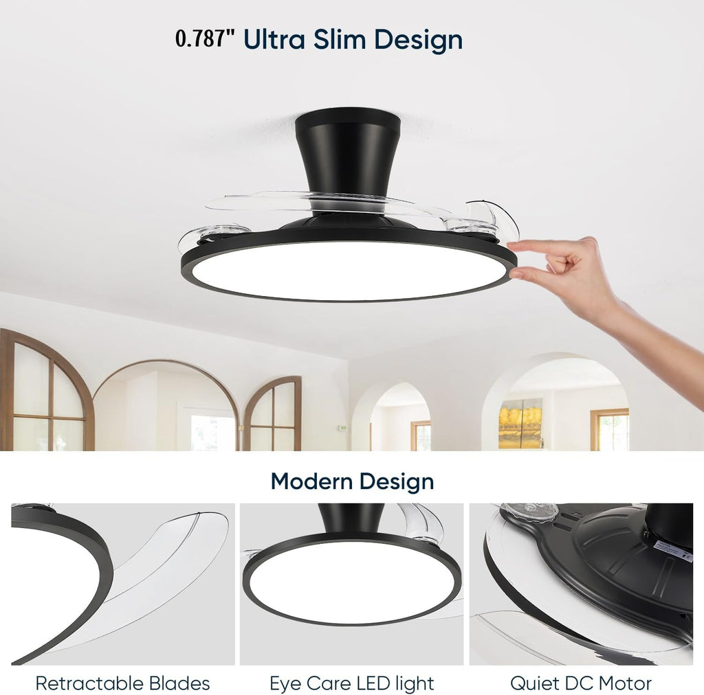42' Retractable Ceiling Fan with Light, Slim Fandelier Ceiling Fans with Remote & App Control, Full Spectrum, Low Profile Modern Ceiling Fan for Bedroom Living Room Kitchen, Black