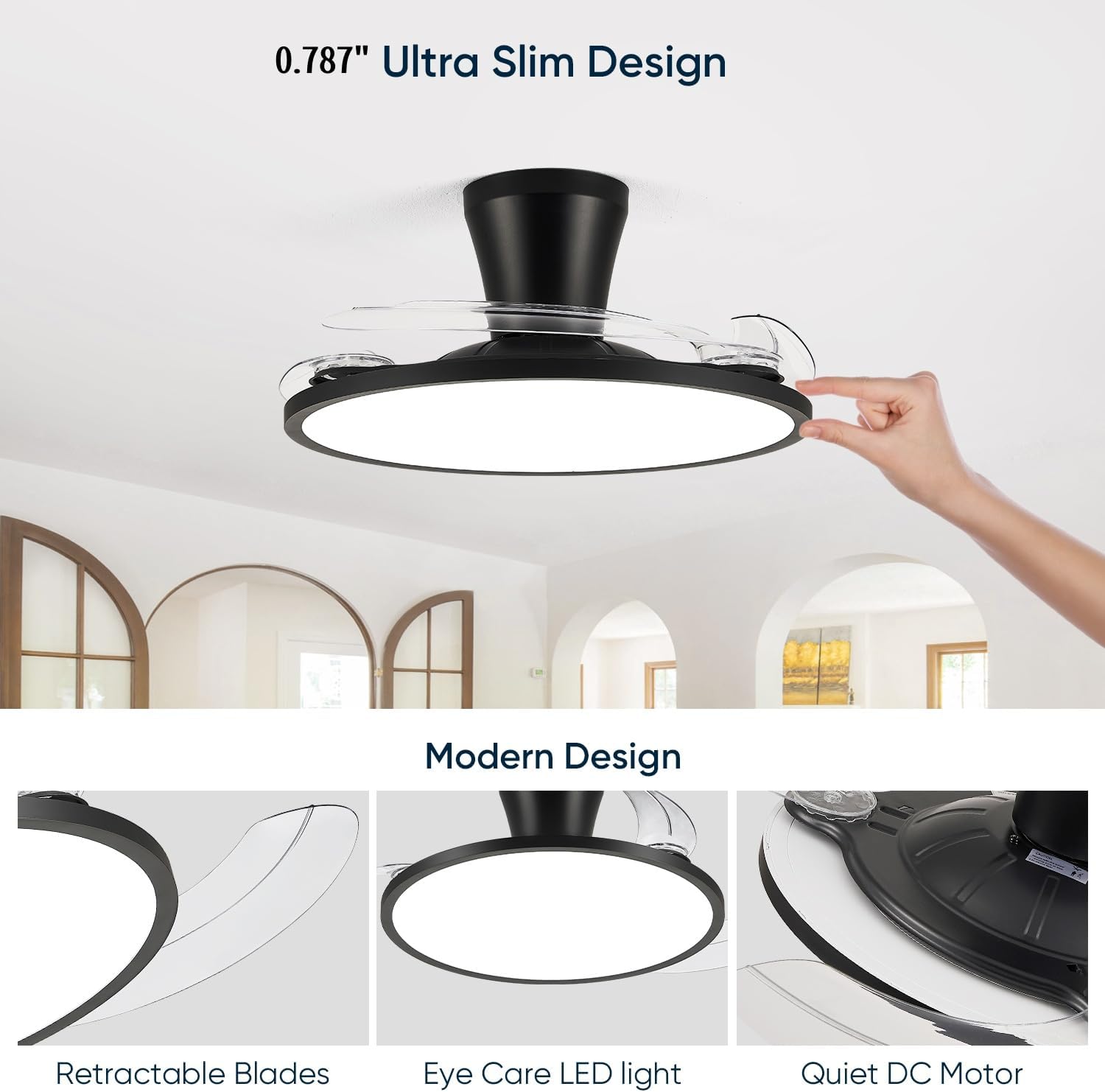 42' Retractable Ceiling Fan with Light, Slim Fandelier Ceiling Fans with Remote & App Control, Full Spectrum, Low Profile Modern Ceiling Fan for Bedroom Living Room Kitchen, Black