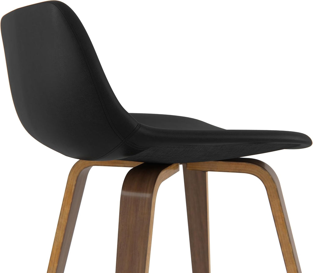 SIMPLIHOME Randolph Counter Stools (Set of 2) - 28 Inch Seat Height Upholstered Bentwood Bar Stools in Black Vegan Faux Leather, Mid Century Modern Seating with Curved Backrest and Chrome Footrest
