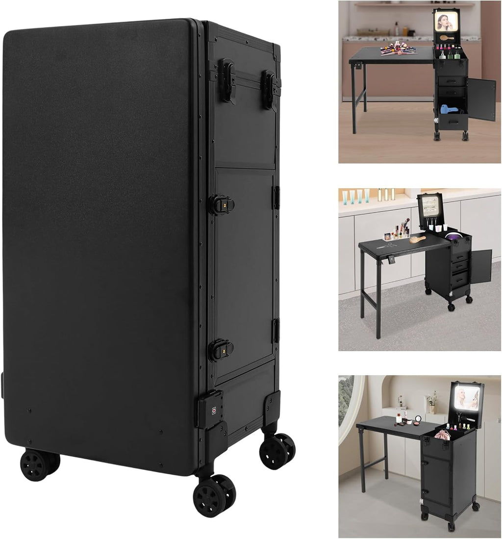 Professional Rolling Makeup Case, Foldable Nail Tables with Detachable Lighted Mirror, Travel Cosmetic Trolley Storage Organizer with Drawers, Manicure for Artist (Black 3)