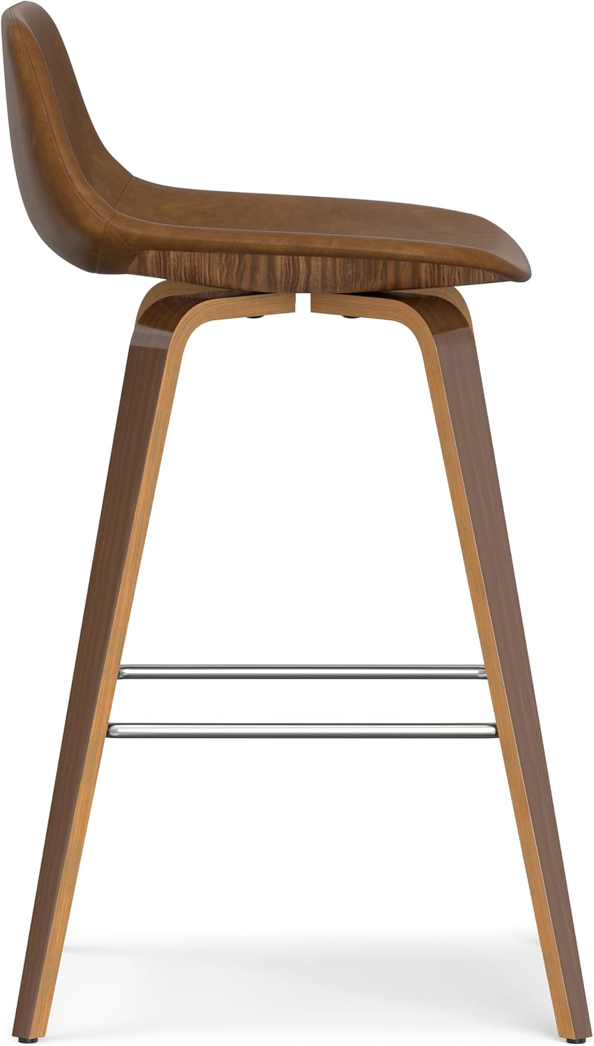 SIMPLIHOME Randolph Counter Stools (Set of 2) - 28 Inch Seat Height Upholstered Bentwood Kitchen Seats in Deep Tan Vegan Faux Leather, Mid Century Modern Seating with Curved Backrest and Footrest