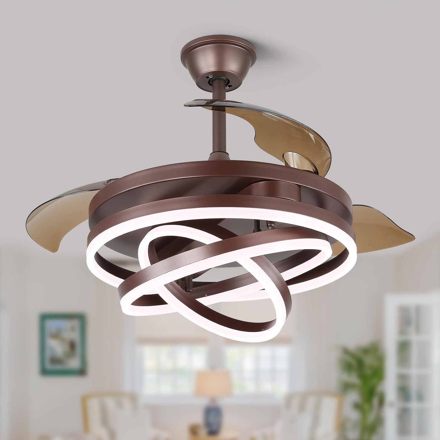 42 Inch Retractable Ceiling Fan, Fandelier Ceiling Fan with Light, Dimmable，Silent DC Motor, 6 Speeds, Brown Chandelier Ceiling Fans with Lights for Bedroom/Living Room/Kitchen/Kis Room/Patio