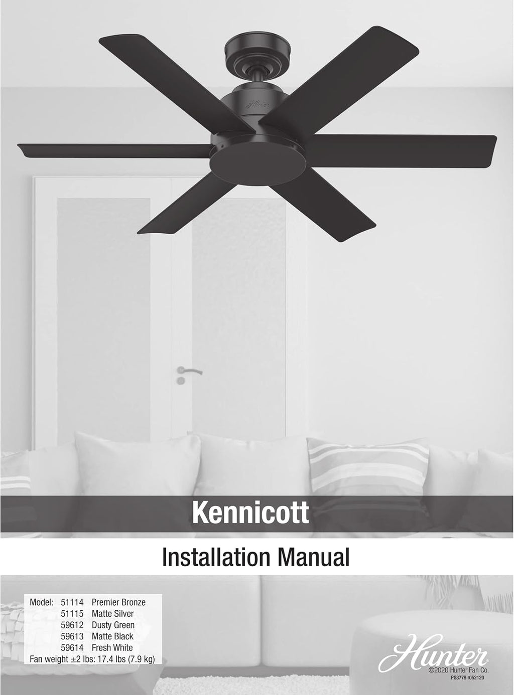 Hunter 44 inch Outdoor or Indoor Ceiling Fan No Light - Black Ceiling Fan without Light, For Patio, Porch, Garage, or Living Room, Standard Mount, 6 Blades, Wall Control - Kennicott 59613, Matte Black