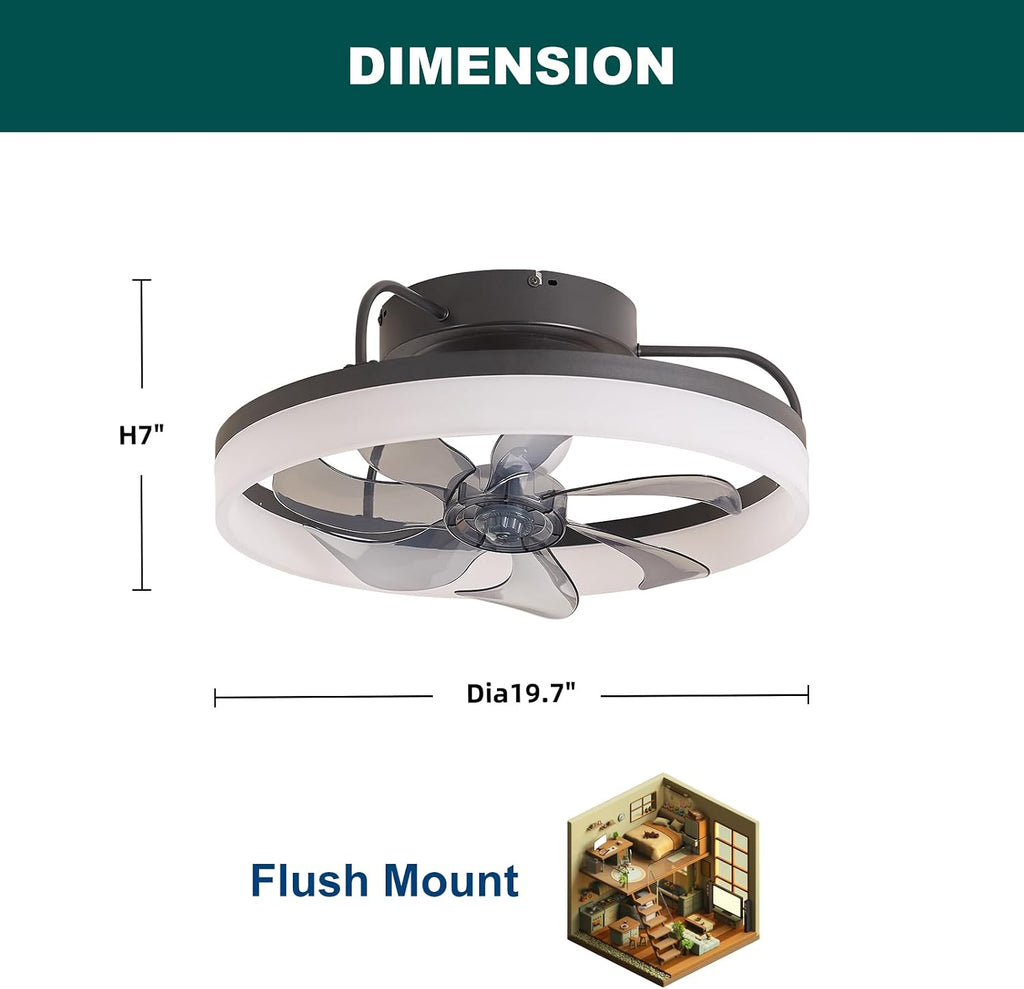 360° Rotating Ceiling Fan with Lights and Remote, 19.7' Low Profile Ceiling Fans 6 Wind Speeds, Modern Smart Dimmable LED Fandelier for Bedroom, Kids Room