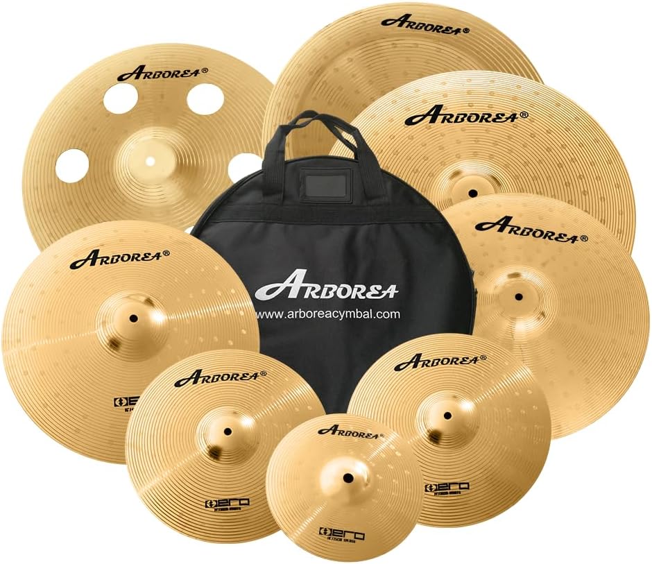 Arborea Cymbal Pack for Drum 8 pcs Super Polishing Cymbals Set Brilliant Gold Hero Series Include 14'Hihats 16'Crash 18'Crash 20'Ride Bonus 10' Splash 16'Ozone Stacker 18' China Cymbal Free Cymbal Bag