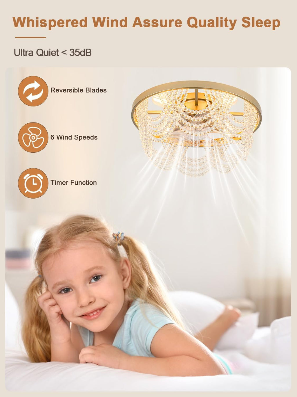 20' Gold Crystal Fandelier Ceiling Fan with Light Flush Mount Low Profile Ceiling Fan for Bedroom, Dining Room, Living Room