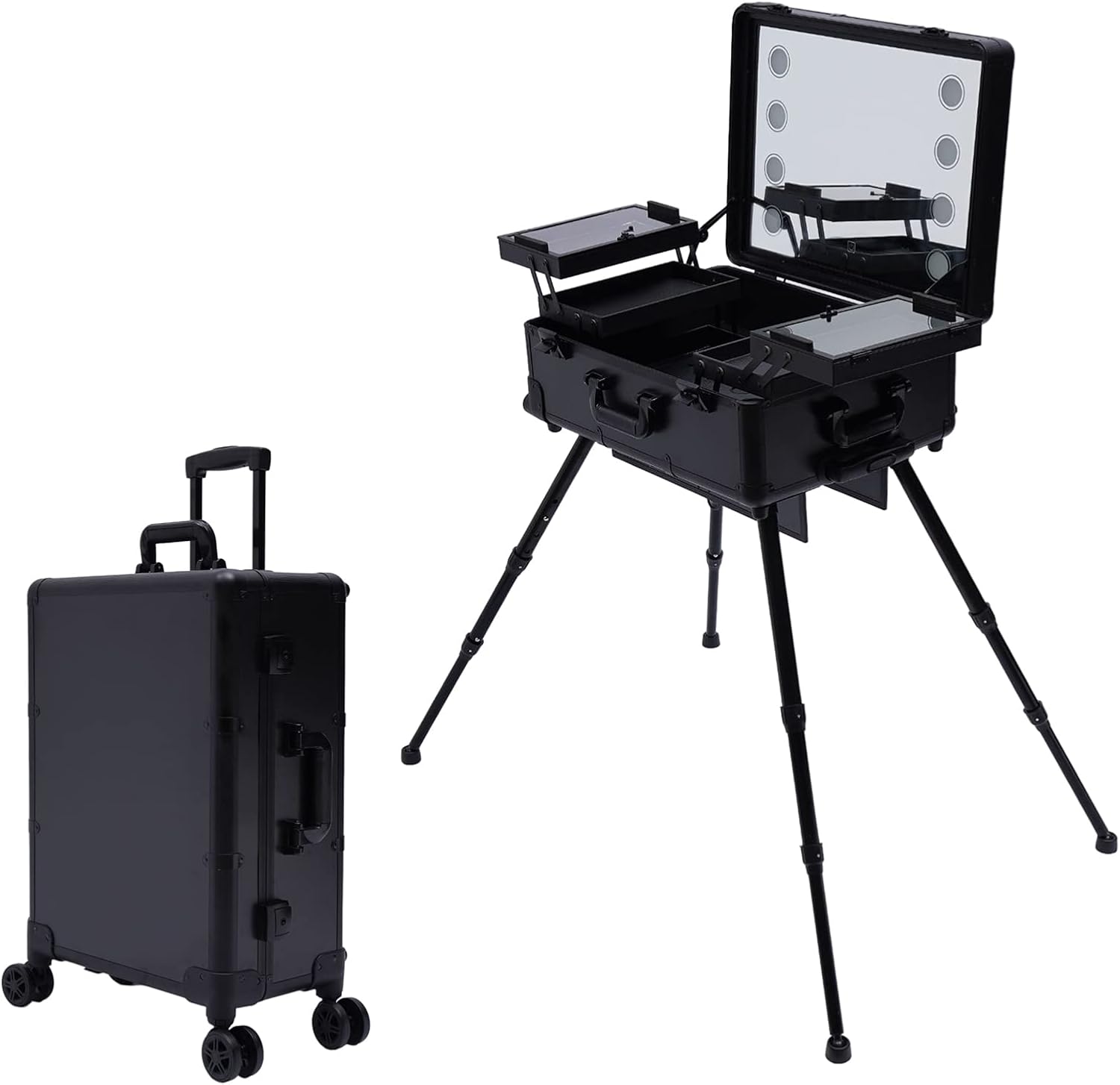 Makeup Case with Light and Mirror,Professional Rolling Makeup Train Case Large Travel Trolley Cosmetic Storage Case Salon Station, 22' Portable Makeup Luggage,Adjustable Legs Lockable