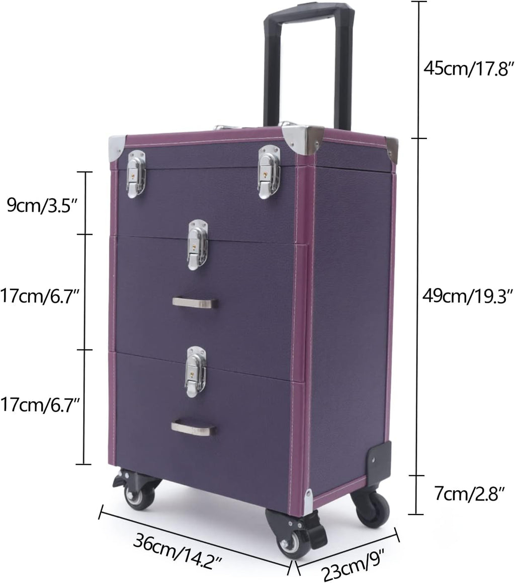 Professional Rolling Makeup Case Train Case Cosmetic Organizer Trolley Lockable Rolling Make-ups Case Storage Cart Makeup Train Case Cosmetology Case On Wheels (Purple|3 trays|Type C)