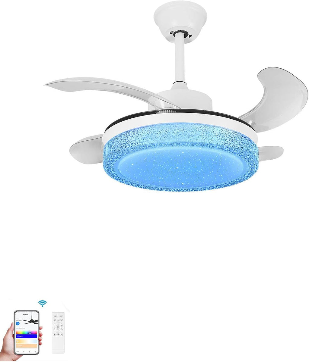 36' Smart Retractable Ceiling Fan with Bluetooth Speaker for Kids Room, RGB Color Changing Crystal Fandelier with App/Voice Control, Works with Alexa & Google Home, Dimmable LED & Quiet Motor