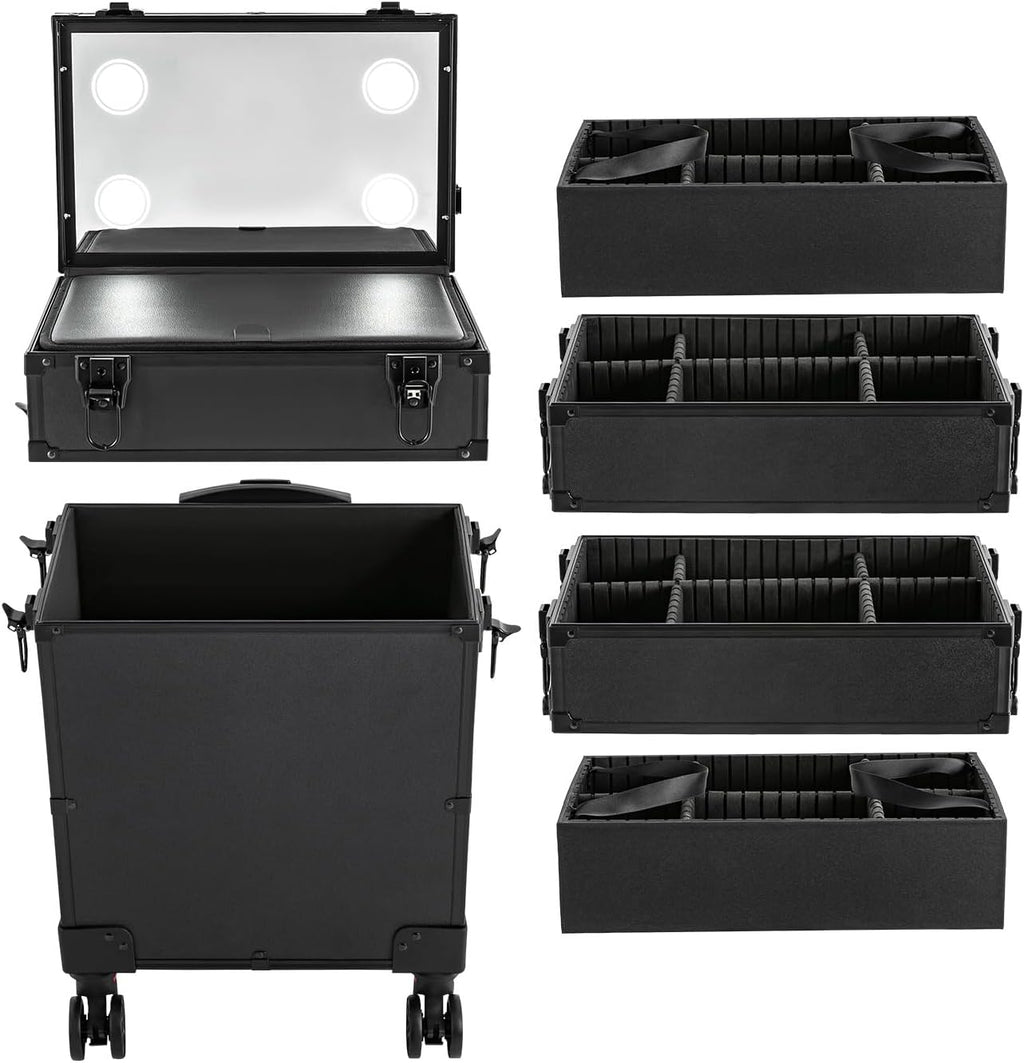 Makeup Train Case, Portable Rolling Trolley Case Makeup Organizer With Lock & Mirror, 5 Tier Large Capacity Makeup Case Organizer With Storage Compartment & 4 LED lights For Make-Up Artists