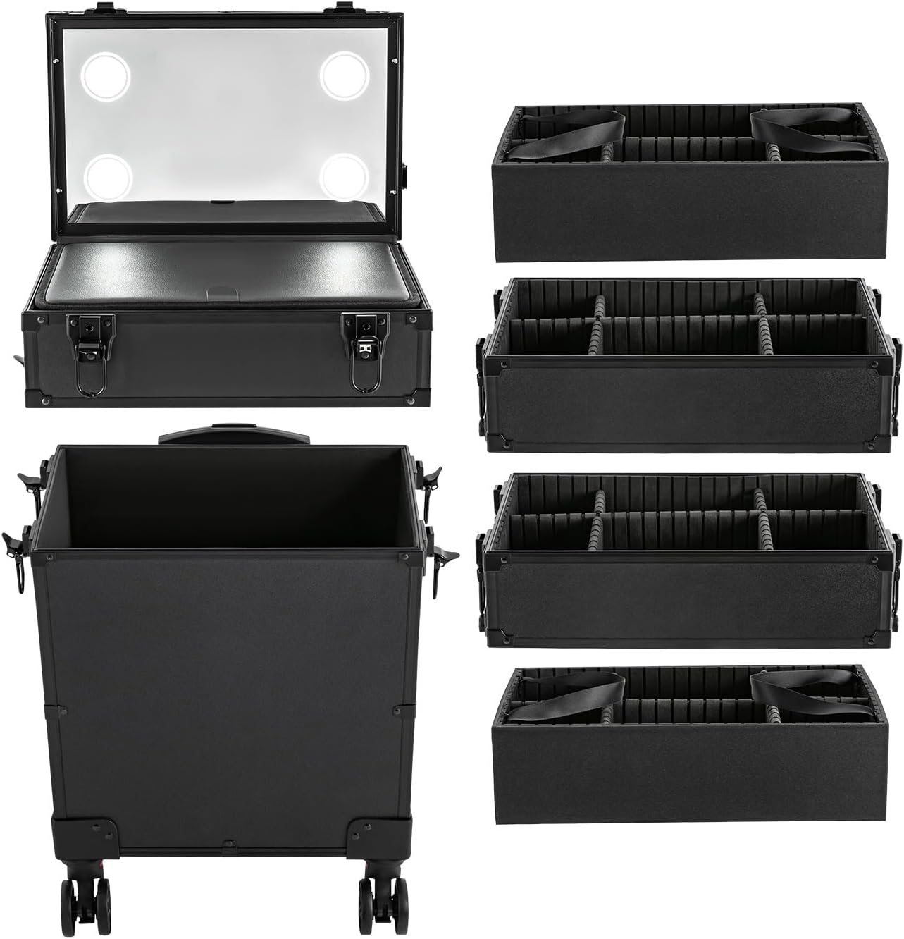 Makeup Train Case, Portable Rolling Trolley Case Makeup Organizer With Lock & Mirror, 5 Tier Large Capacity Makeup Case Organizer With Storage Compartment & 4 LED lights For Make-Up Artists