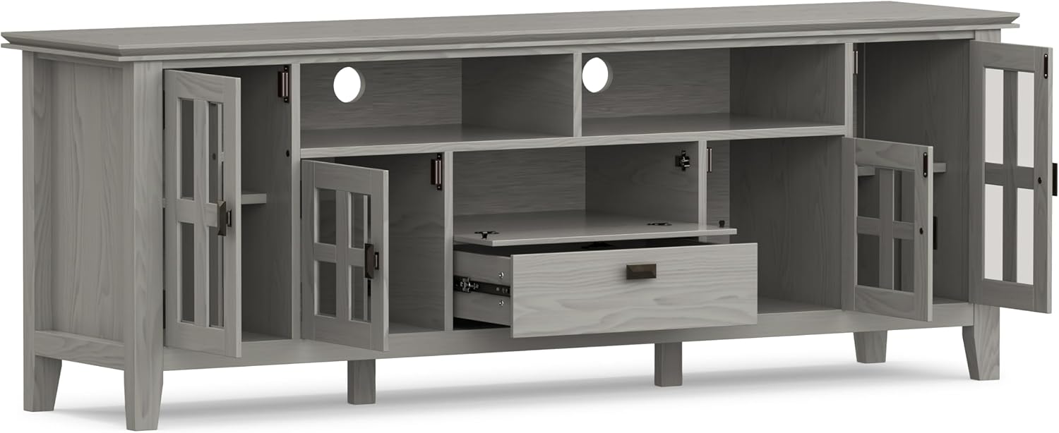SIMPLIHOME Artisan TV Stand - 72 inch Wide Solid Wood Media Console in Fog Grey, Contemporary Entertainment Center for Living Room for TVs up to 80 Inches with Glass Cabinets and Cable Management