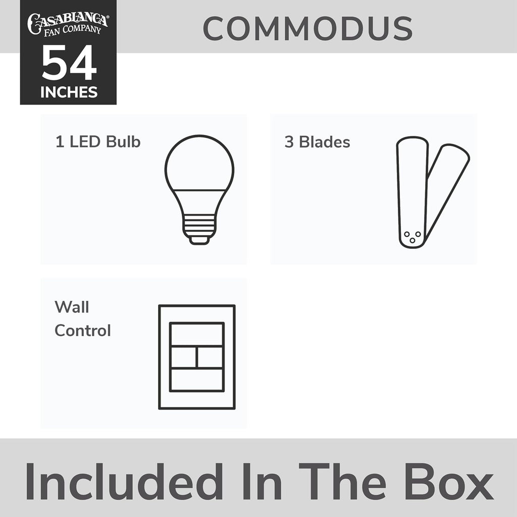 Casablanca 54 inch Indoor Ceiling Fan with LED Light - Low Profile Flush Mount, White Ceiling Fan for Bedroom, Living Room, or Kitchen, Wall Control, 3 Blades - Commodus 59571, Fresh White