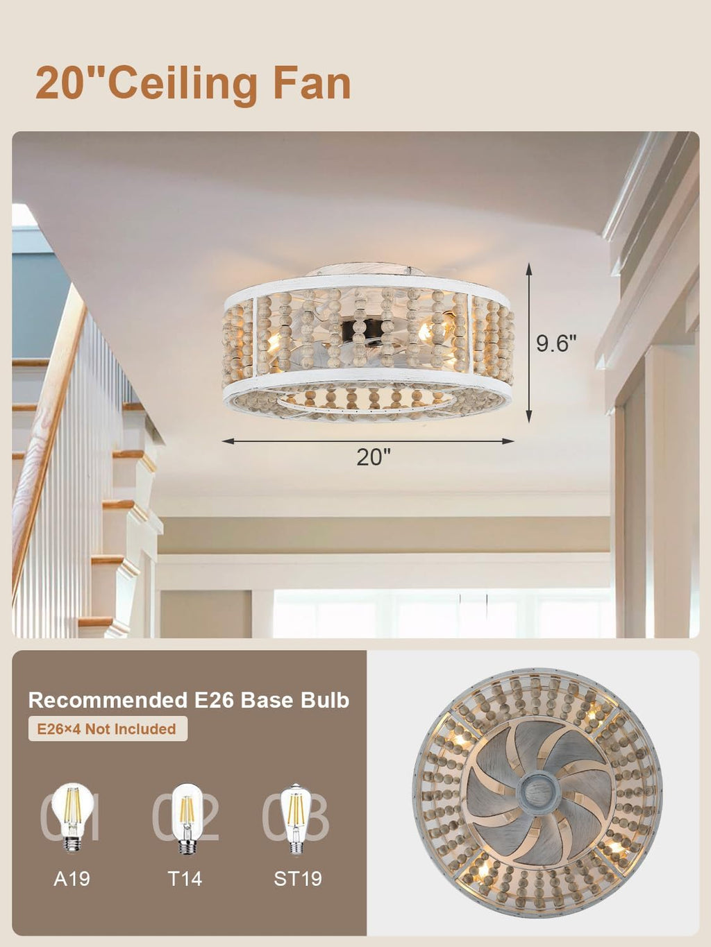 20' Boho Ceiling Fan with Light Caged Chandelier Fan with Handcrafted Beaded Bladeless Bohemian Low Profile Flush Mount Fan for Bedroom Living Room Dining Room