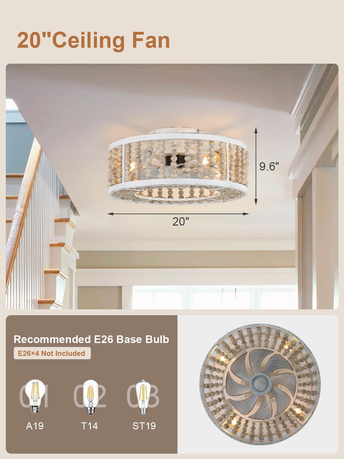 20' Boho Ceiling Fan with Light Caged Chandelier Fan with Handcrafted Beaded Bladeless Bohemian Low Profile Flush Mount Fan for Bedroom Living Room Dining Room