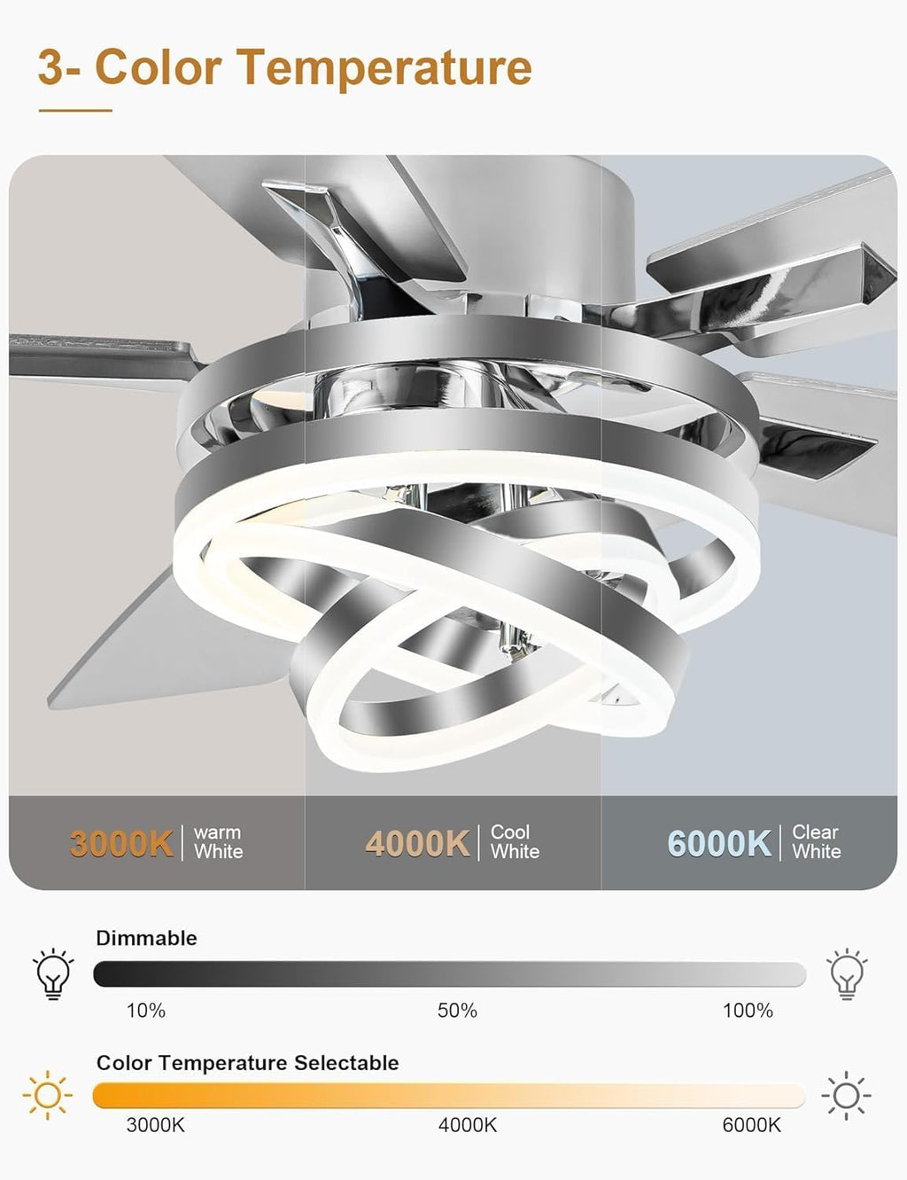 52' Modern Ceilling Fan with Light Chandelier Fan Dimmable Led Fandelier Ceiling Fan with Light for Bedroom, Living Room