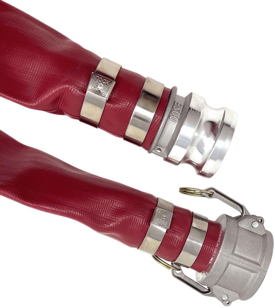 Gloxco 2-1/2' x 25′ Red Heavy Duty Lay Flat PVC Discharge Hose Assembly with Aluminum Cam and Groove C and E Fittings