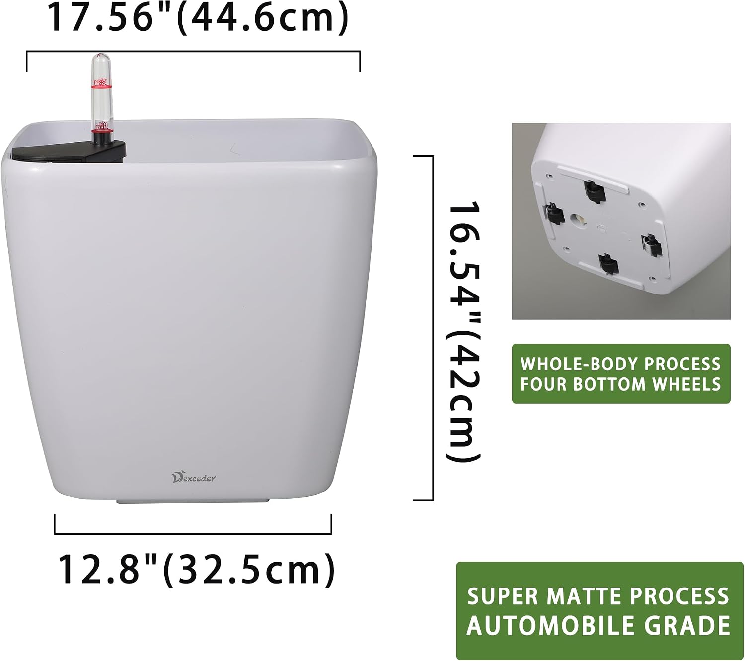 Dexceder 18x17 Self Watering Planter with Wheels (White Matte) | Inner Mat Design, Thickened Large Floor Standing Flower Plant Pot with Water Level Indicator Indoor Outdoor