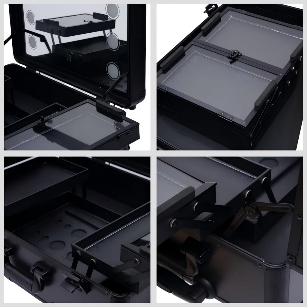 Rolling Makeup Case with LED Mirror & 3 Light Colors, 22'' Aluminum Trolley Makeup Train Case with Reinforced Lock, Cosmetic Organizer Case for Hairstylist (Black)