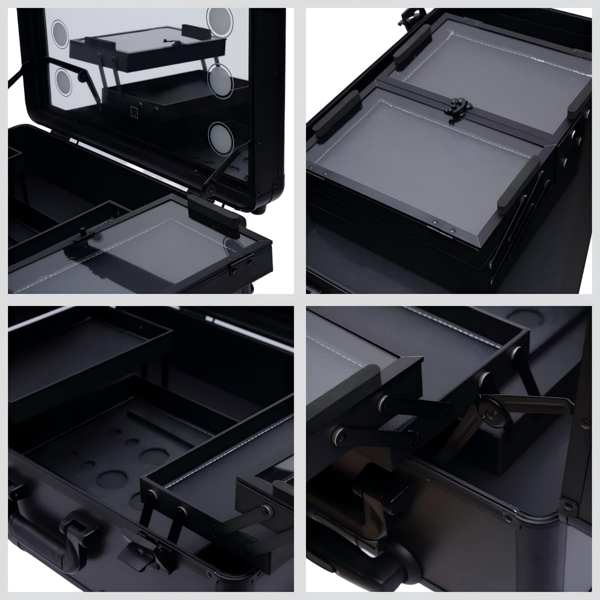 Rolling Makeup Case with LED Mirror & 3 Light Colors, 22'' Aluminum Trolley Makeup Train Case with Reinforced Lock, Cosmetic Organizer Case for Hairstylist (Black)