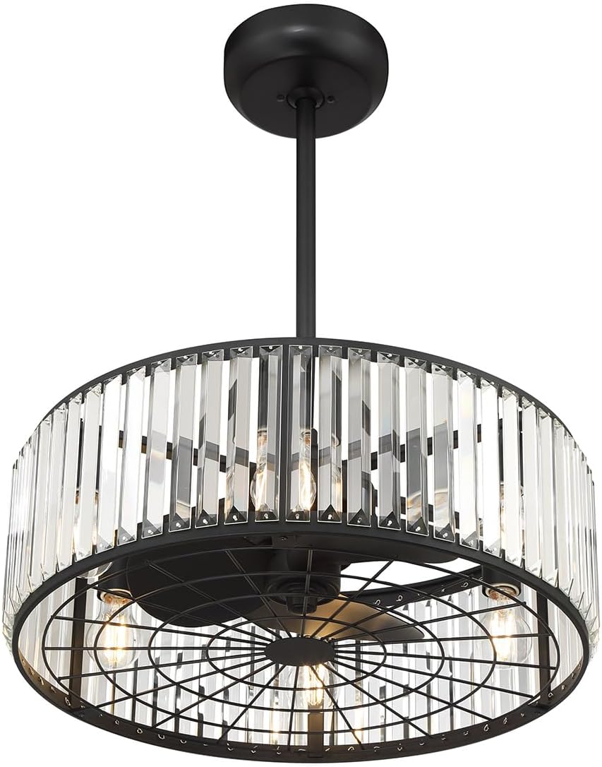 Savoy House 23-FD-245-322 Janus Luxe LED Chandelier Ceiling Fan with Light and Remote, Crystal Drum Fandelier with 6-Light 48 Total Watts, 10' H x 23' W, Matte Black