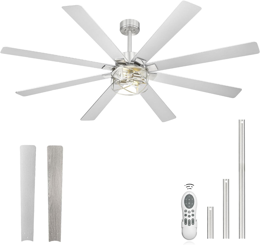 YOUKAIN Ceiling Fans with Lights, 72 Inch Farmhouse Ceiling Fan with Light and Remote, 8-Reversible, Brushed Nickel Finish, Indoor/Outdoor Ceiling Fans for Living Room, Bedroom, 72-YJ632-BNW