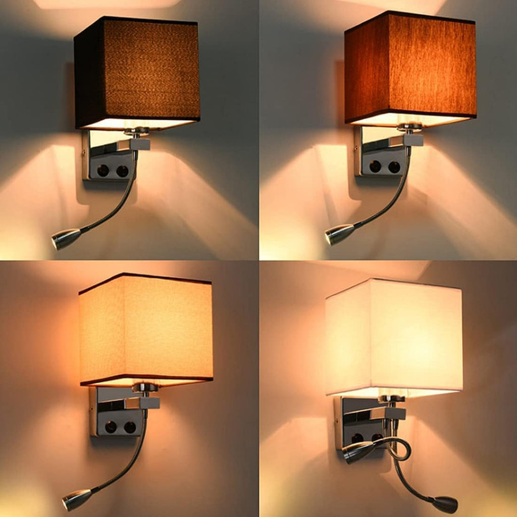Wall Lamps with LED Reading Light, Bedside Sconce with Switch, Lamp Fabric Lampshade with 2 Points, Adjustable Indoor Spotlights, Brown