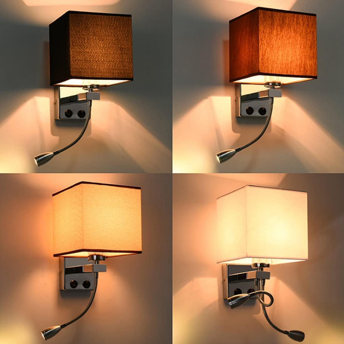Wall Lamps with LED Reading Light, Bedside Sconce with Switch, Lamp Fabric Lampshade with 2 Points, Adjustable Indoor Spotlights, Brown
